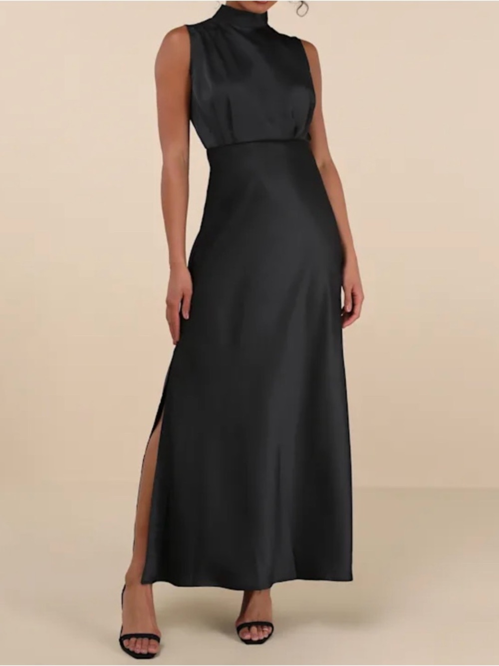 Lulus Classic Elegance Black Satin Sleeveless Mock Neck Maxi Dress